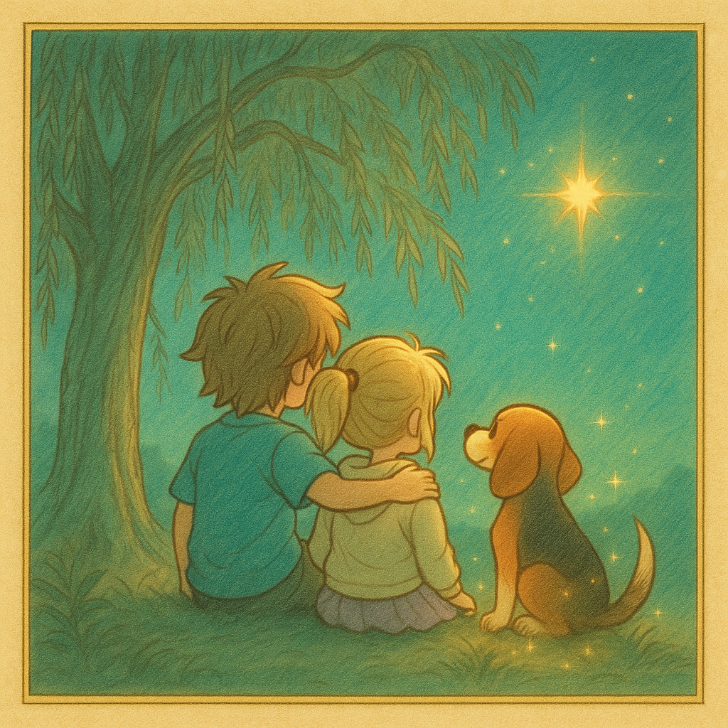 Ilustración de Kai, Lani y Max bajo el sauce